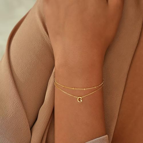Turandoss Initial Bracelets for Mom Women, Dainty 18K Real Gold Plated Layered Letter A-Z Initial Bracelets Personalized 26 Alphabet Monogram Gold Bracelets for Women Birthday Jewelry Gifts Trendy - color: G