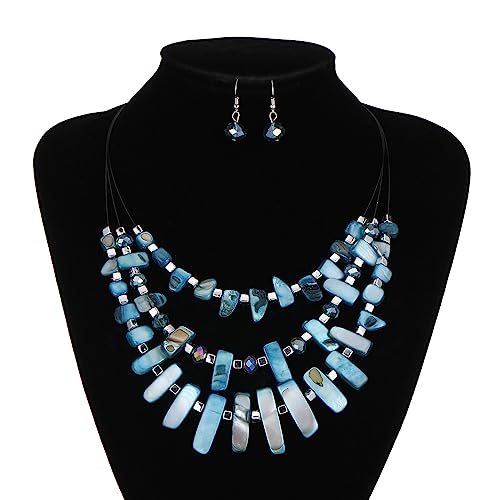 3 Layered Chunky Statement Necklace for Women Beaded Strand Necklaces with Earring Fashion Costumes Collar Necklace Jewelry Sets Gifts for Women - color: 50-Peacock Blue