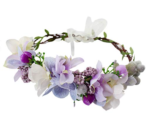 Vivivalue Floral Crown Headband Flower Headpiece Hair Wreath Floral Halo Boho with Ribbon Wedding Party Photos Prom Lavander - color: 75