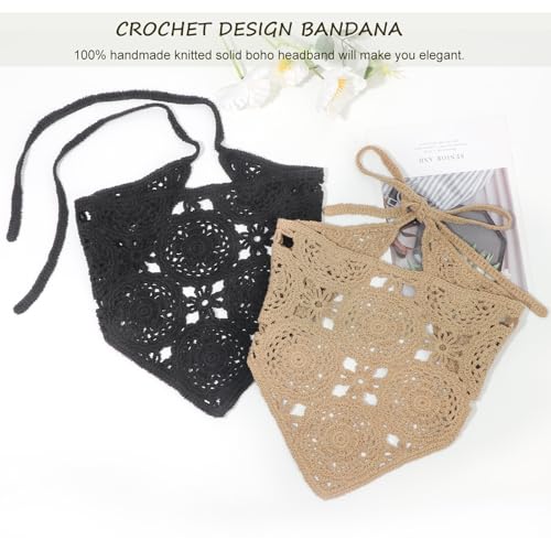 DRESHOW Floral Crochet Hair Bandana Tie Knotted Headscarf Vintage Headband Knitted Head Kerchief for Women Girls - color: 2 Pcs Floral Crochet (Khaki + Black)