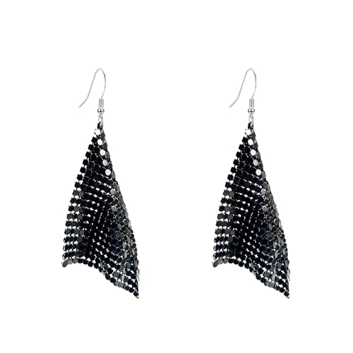 Sequin Earrings for Women Metal Mesh Grid Sequins Tassel Long Drop Dangle Earrings Trendy Charms Bridal Wedding Jewelry - color: Black