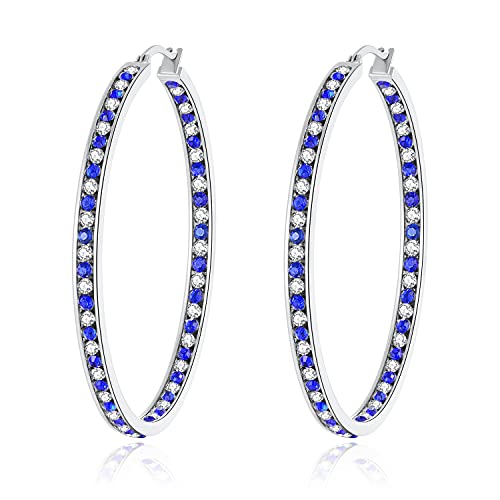 CiNily Mult-colors Crystal Stainless Steel Hoop Earring for Women Hypoallergenic Jewelry for Sensitive Ears Large Big Hoop Earrings 2" - color: Blue & White