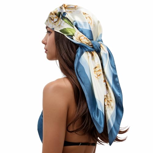 RIIQIICHY Head Scarf for Women Like Silk Scarf Hair Scarf Printed Square Scarf Bandanas for Women 35 Inches - color: Blue/Ivory/Green