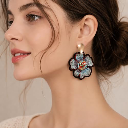 Boho Floral Embroidered Earrings with Colorful Bead Accents and Crystal Center for Women - color: Light Blue