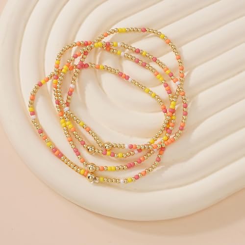Boho 4Pcs Stack Colorful Small Seed Beaded Bracelets Set for Women, Cute Handmade Dainty Trendy Gold Plated Stretch Accessories Thin Glass Jewelry, Summer Daily Party Friendship Gift - color: Yellow