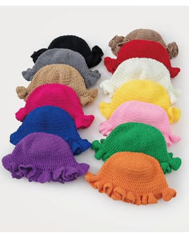 KORADI Womens Crochet Bucket Hat Ruffled Brim Knitted Hats Winter Boho Handmade Caps - color: Black