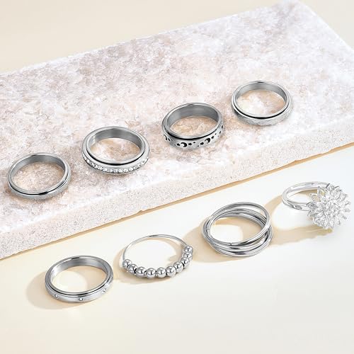 FEYIR 8 Pcs Fidget Rings for Women Anxiety Spinner Stainless Steel CZ Band Ring Spinning Rings Set for Anxiety - color: 8pcs-Silver