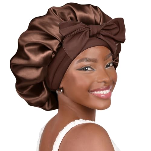 YANIBEST Adjustable Satin Bonnet for Sleeping Women Double Layer Hair Wrap Reduce Friction Prevent Frizz Natural Curly Hair - color: Brown