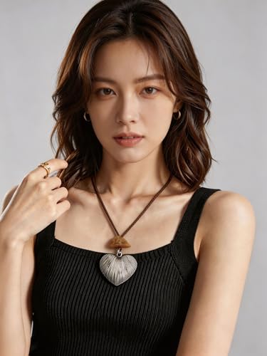 Kelake Leather Necklace for Women Men Teen Vinatge Boho Alloy Pendant Choker Jewelry Fashion Sweater Necklaces with Adjustable Genuine Leather Chain - color: Brown Jade Silver Heart Pendant Necklace