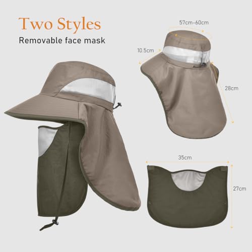 Womens Sun Hat Wide Brim UPF50+ Outdoor Sun Protection Ladies Fishing Hat with Neck Flap Detachable Face Cover - color: Light Green