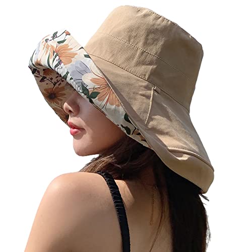 HUAMULAN Women Summer Sun Hat Wide Brim Wired Edge Floral Beach Bucket Hats Reversible Foldable Travel UV Protection Lady Hat - color: M2320-khaki