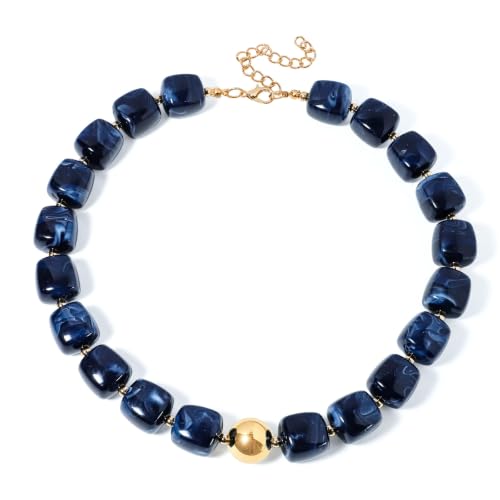Summer Jewelry Square Chunky Beaded Necklace for Women Trendy Statement Colorful Beach Acrylic Resin Bead Punk Y2k Choker Necklaces Boho Charm Fashion Accessory Jewelry - color: Navy1