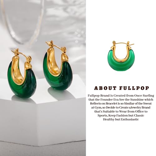 Fullpop Vintage Earrings for Women, Chunky 14K Gold Plated Resin Hoop Earrings Lightweight Hollow Drop Earrings Hypoallergenic Earrings for Women Vintage Anthropologie Jewelry Gifts for Women - size: U Shape-Green