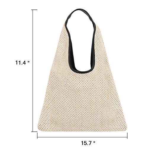Hand-woven Straw Shoulder Bag Boho Black Leather Top Handle Tote Retro Summer Beach Bag Holiday Travel Handbag - color: White
