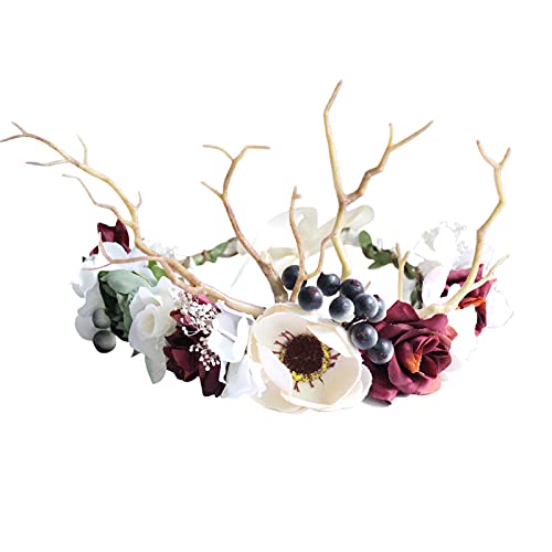 Vivivalue Deer Flower Crown Women Flower Headband Hair Wreath Floral Headpiece Halo Boho with Ribbon Wedding Party Prom Photos - color: Z