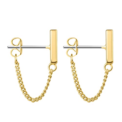 Chain Earrings for Women Small Sterling Silver Post Bar Drop Dangle Earrings Minimalist Stud Earring Hypoallergenic Dangly Jewelry Gift - color: small chain stud/gold