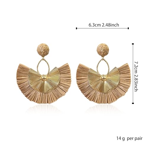 Anmpab Straw Fan Bohemian Tassel Earrings for Women Trendy Colorful Fringe Summer Beach Statement Earrings - color: Brown