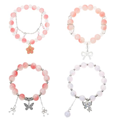 PENTA ANGEL Beaded Charm Bracelets for Women 4Pcs Stretch Stackable Crystal Glass Bead Bracelet with Butterfly Bow Flower Pendant for Birthday Christmas Party Favor Gift