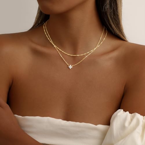 CAROVO Gold Necklace for Women Dainty 14K Gold Plated Choker Cross Flower Cubic Zirconia Necklaces Simple Layered Gold Chain Trendy Jewelry Gifts for Women - style: B:Layered Flowet CZ Necklace