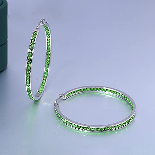 CiNily Mult-colors Crystal Stainless Steel Hoop Earring for Women Hypoallergenic Jewelry for Sensitive Ears Large Big Hoop Earrings 2" - color: Green