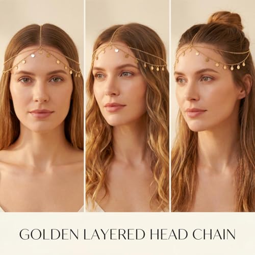 Brishow Gold Head Chain Egyptian Headpiece for Women Forehead Accessory | 20.5 in+3.9 in Adjustable genie head jewelry photos alloy small sequin headchain boho festival prom party concert