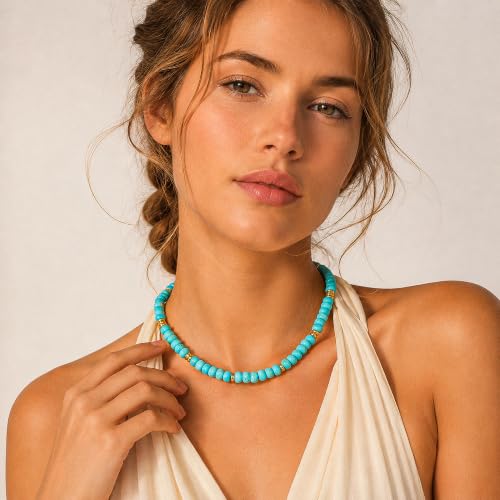 Colorful Beaded Necklace for Women Gemstone Bead Chokers Toggle Boho Natural Stone Surfer Necklaces Summer Beach Jewelry - color: C-Turquoise