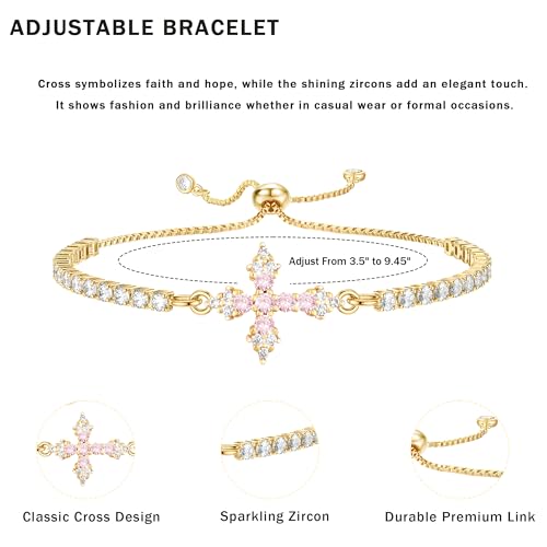 VIBILIA Bracelets for Women, Cross Bracelets for Women Trendy, Dainty Tennis Bracelet, Catholic Gift for Mom Daughter Wife Sister Friend, Communion Gift on Birthday Valentine's Day Easter Mother's Day - color: E. Gold-Pink