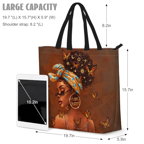 African American Women Tote Bag Black Shoulder Handbag For Women Fit Work Beach Labtops With Zip - color: Black Women 9