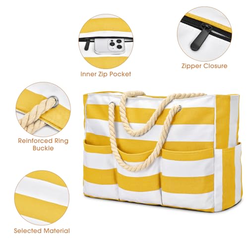 Becokan Beach Bags for Women Canvas Large Beach Tote Bag Zipper Waterproof Sandproof Foldable Swim Pool Bag with 7 Pockets - color: Yellow