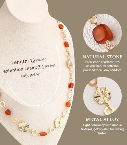 Long Gold Necklaces for Women Dainty Natural Stone Beaded Gold Necklace Mothers Day Gifts Boho Gold Costume Jewelry for Women - color: Red Agate