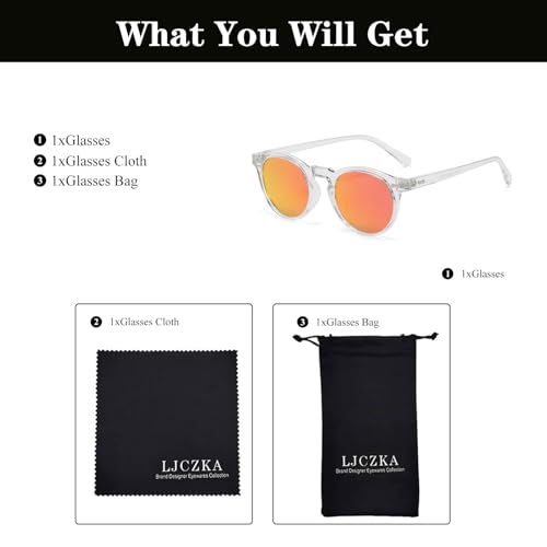 LJCZKA Round Polarized Sunglasses for Men Women Retro Small Face Sunglasses Polarized Vintage Sun Glasses UV400 Protection - color: Clear Red(mirrored)