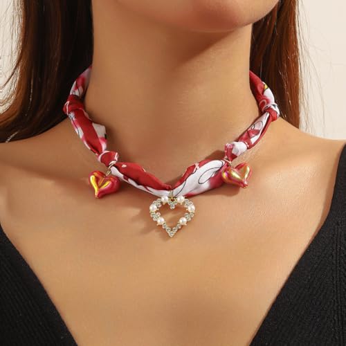Scarf Long Fabric Colorful Silk Scarves Multi Pendant Necklace For Women Statement Boho Choker Twisted Ribbon Band Pearl Accent Heart Maple Leaf Bee Daisy Dragonfly Star Green Gem Charms - color: Red Heart