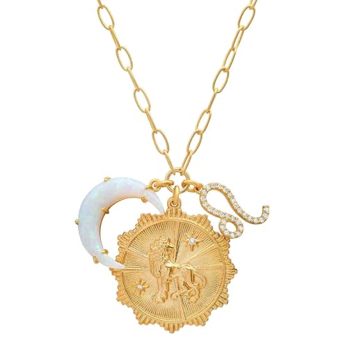 Dainty Gold Zodiac Embossed Coin Opal Crescent Moon Charm Necklace for Women Trendy 18K Gold Plated Retro Paperclip Chain 12 Constellation Horoscope Necklaces Astrology Jewelry Gifts - style: 5.LEO (JUL 23-AUG 22)