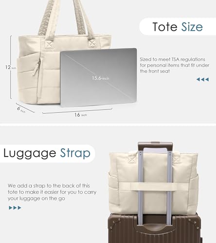 Tote Bag for Women with Zipper, Quilted Puffer Tote Bag with Compartments, Lightweight Puffy Work Bags for Women Travel - color: Beige