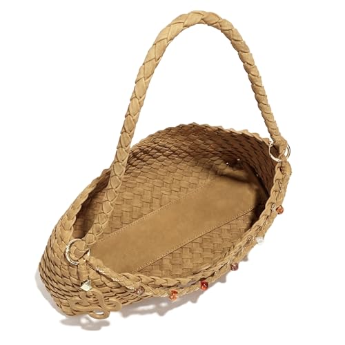 Premium Woven Shoulder crossboby Bag for Women, Slouchy Hobo Handbag with Braided Strap and Matching Zipper Pouch - color: Brown