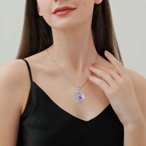 POPLYKE Mothers Day Gifts for Mom Her Wife Tree of Life Necklace 925 Sterling Silver Birthstone Pendant with Crystal Anniversary Birthday Wedding Jewelry for Women - color: 02-Feb-Amethyst, style: White Gold Plated-Amethyst Crystal