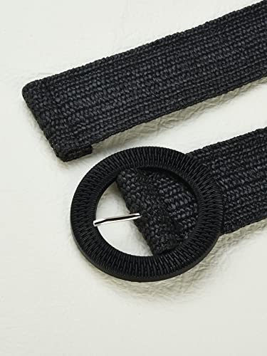 Verdusa Women's Western Belt Cowgirl Boho Straw Belts Round Buckle Elastic Waist Belt - color: Black, size: Suit Waistline 41″-45″