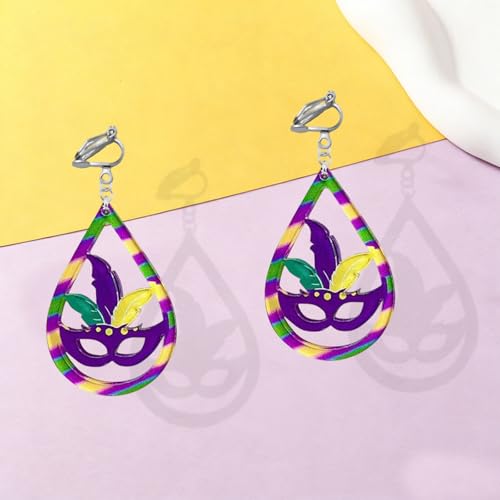 Mardi Gras Clip on Earrings for Women Boho Acrylic Parade Lette Mardi Gras Carnival Clip on Earrings Holiday Festival Jewelry Gifts Accessory - color: style2