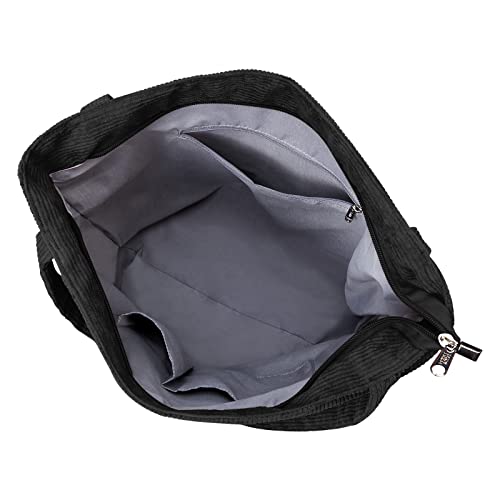 KALIDI Women Corduroy Tote Bag Zipper Casual Tote's Handbag Big Capacity Shoulder Bag with Pockets - color: 1 Black 1 White