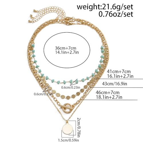 Layered Boho Necklace for Women Turquoise Stackable Sequin Coin Pendant Necklace Charm Toggle Clasp Beaded Chain Beach Prom Dresses Accessories - color: Gold-Round