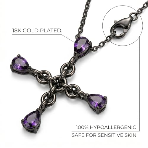 Graduate Necklace Gothic Black Cross for Men Women, Purple Teardrop Cubic Zirconia Pendant, Class of 2026 Graduation Gifts, Vintage Y2K Dark Aesthetic Jewelry