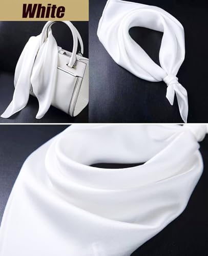 Hioyiwse Satin Square Scarf for Women Solid Color Emulation Silk Handkerchief Hair Ribbon Headband Handbag Purse - color: D2-white(23.6*23.6inch)