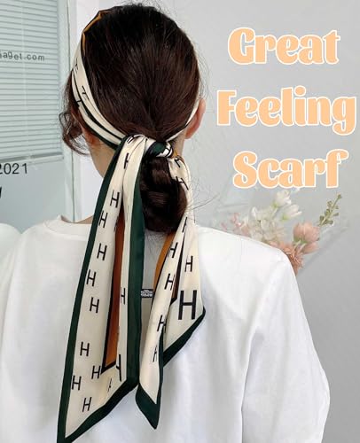 kcctoo 59” Long Silk Like Head Scarf Women's Fashion Square Neck Satin Scarfs for Bag Hair Scarves Gift 59 * 5.9” - color: M1 Green Vertical Bar H 59" X 5.9"
