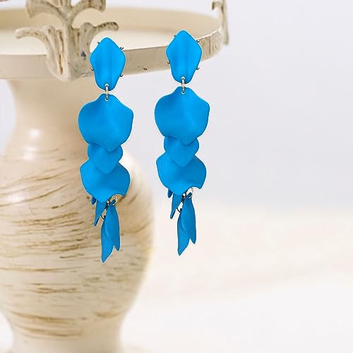 Long Acrylic Rose Petal Earrings Dangle Exaggerated Flower Earrings Drop Statement Floral Tassel Earrings for Women - color: Sky Blue