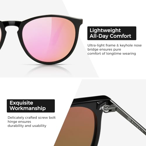SUNGAIT Premium Vintage Round Sunglasses for Women Men Classic Retro Trendy Style - color: 14 Polarized Sakura Pink Lens/Black Frame(glossy Finish)