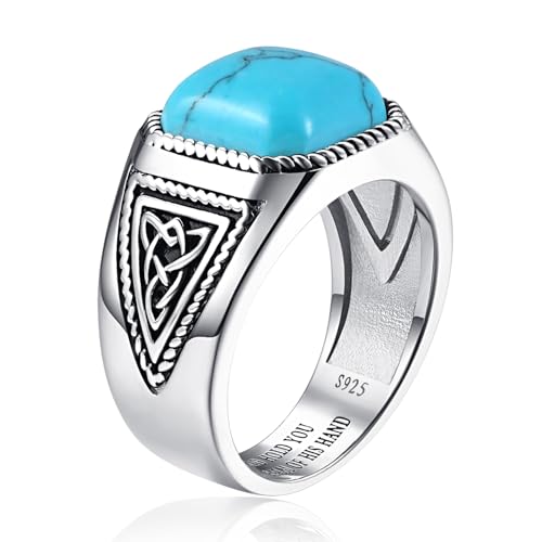 7ct Vintage Teal Turquoise|Emerald|Black Onyx Ring for Men 925 Sterling Silver Men Rings 11mm Square-Cut Mens Cocktail Rings Celtic Pattern Band for Dad Father Size 7-12 - color: Irish Celtic Knot-Genuine Turquoise