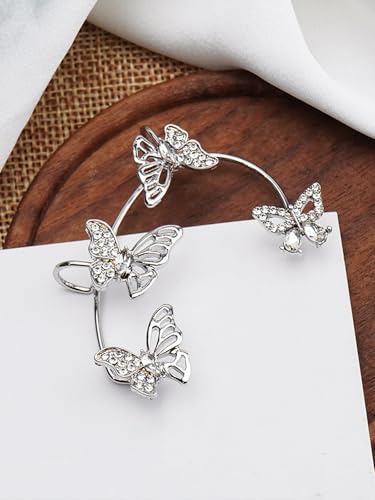 2Pcs Rhinestone Butterfly Earrings Ear Cuffs Non-Pierced Fake Earrings Butterfly Climber Wrap Around Earring Dainty Adjustable Ear Clip Jewelry for Women - color: Style8-silver