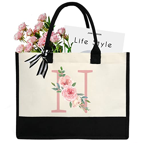 Initial Canvas Tote Bag for Women, Beach Bag with Inner Zipper Pocket Personalized Gifts for Wedding, Birthday | Initial - color: N