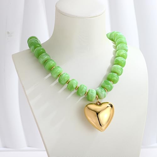 WOWORAMA Chunky Heart Necklaces for Women Colorful Resin Beaded Choker Necklace Gold Puffy Heart Statement Necklace Trendy Acrylic Choker Jewelry - color: Light-Green