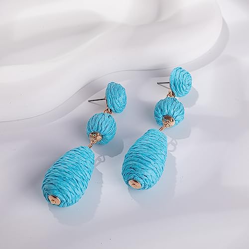 Boho Raffia Earrings Statement Dangle Earrings Cute Teardrop Ball Earrings Colorful Summer Jewelry Handmade Rattan Earrings for Women - color: Blue